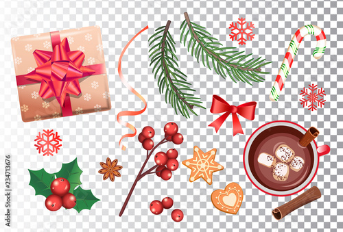 Christmas icons set, traditional decorations-gift box with bow,candy cane,cocoa with marshmallows and cinnamon,spruce branch and gingerbread, ribbon, red mistletoe, snowflakes. Vector illustration.