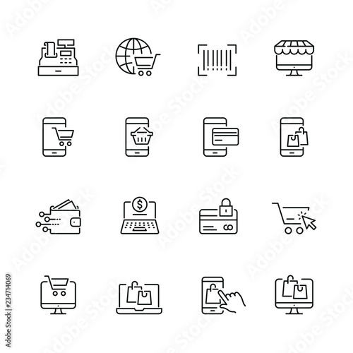 Online shopping related icons: thin vector icon set, black and white kit