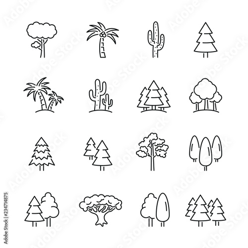 Tree related icons: thin vector icon set, black and white kit photo