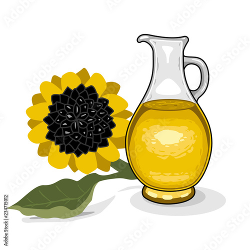 Glass bottle of sunflower oil and branch of sunflower on isolated white background.