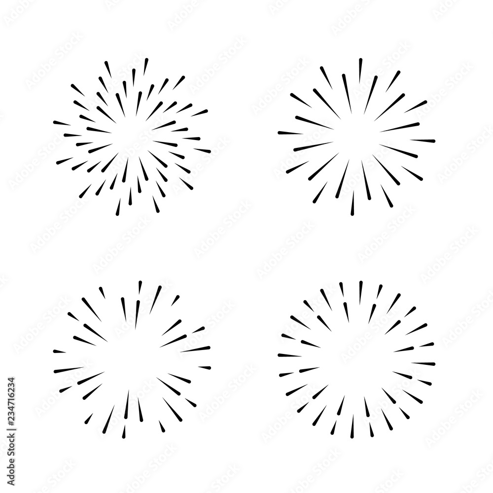 Set of light rays, sunburst and rays of sun. Design elements, linear drawing, vintage hipster style. Light rays sunburst, arrow, ribbon Vector Illustration. Set of light rays, sunburst and rays of sun. Design elements, linear drawing, vintage hipster style. Light rays sunburst, arrow, ribbon Vector Illustration.