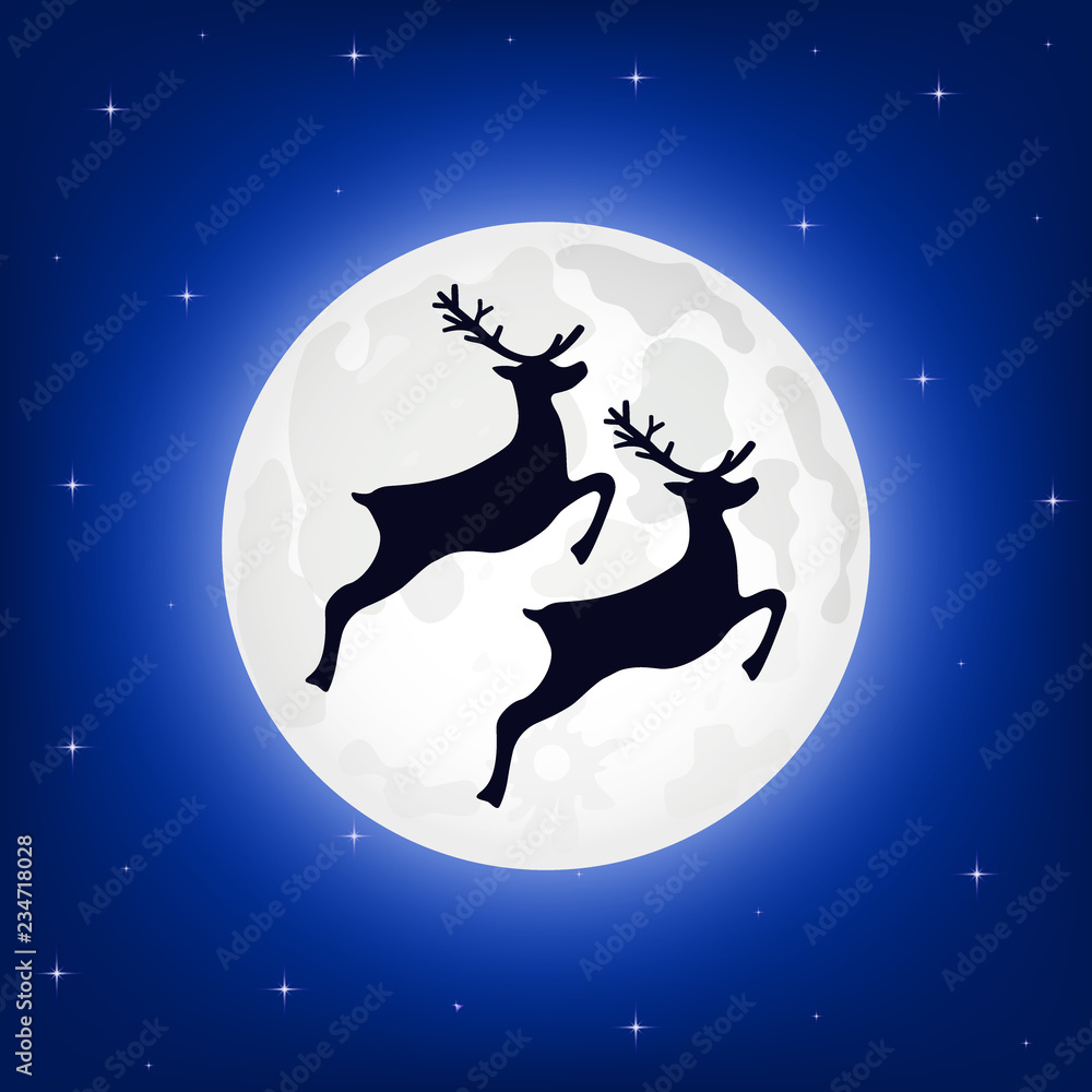 Reindeer jumps against the background of the moon