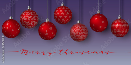 Pending red Christmas Balls isolated. Happy New year. hanging spheres with different simple ornaments. night background