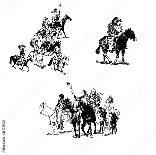 Indian warriors ride horses. 
