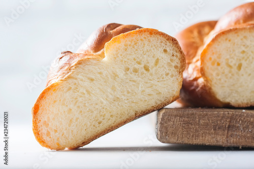 Homemade challah bread, selective focus.