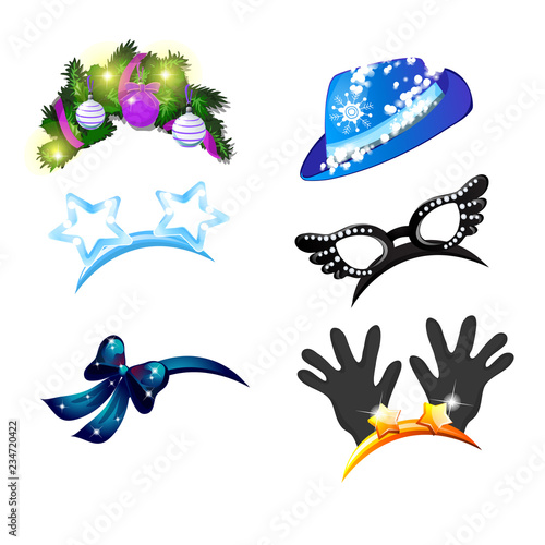 A set of hat and headbands with baubles in the style of Christmas and New year isolated on white background. Accessories for carnival or corporate party. Vector cartoon close-up illustration.