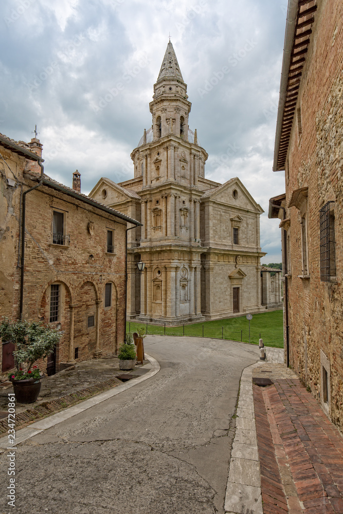 View of the Sanctuary of the Madonna di San Biagio. Street scene with a view of the church Madonna di San Biagio in Mpntepulciano, Tuscany, Italy