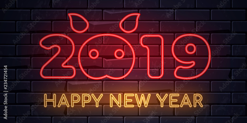 Illuminated neon signs winter holiday light electric banner glowing on black brickwall background, happy new year text concept with piglet. Neons sign 2019 year of the pig  billboard design template
