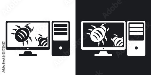 Workstation is infected by malware, vector illustration. Two-tone version on black and white background