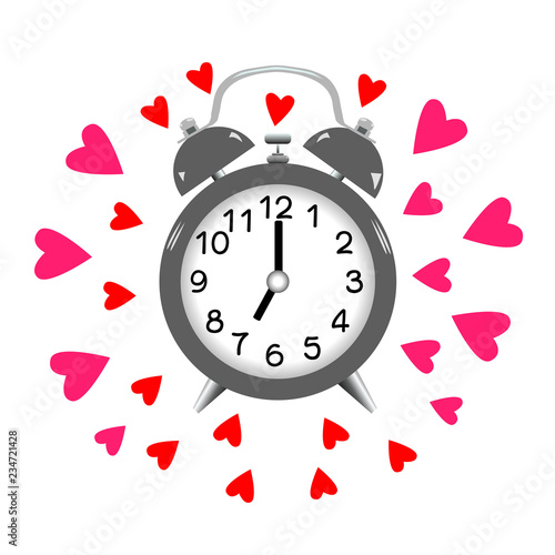 Alarm clock and hearts isolated on white background