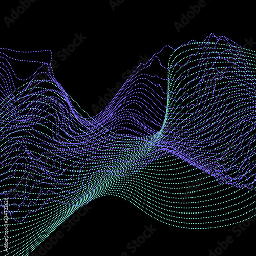 Wavy background of lines. Colorful dynamic surface with optical illusion. Blue and purple waves on black background.Vector. Dotted wave.