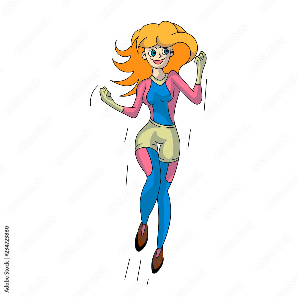 Superhero character woman cartoon body. Illustration of Super Hero Girl in the flyn.