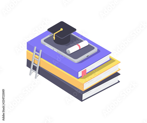 Online education concept. Square academic cap with diploma on a smartphone. Stack of books with ladder. Vector illustration