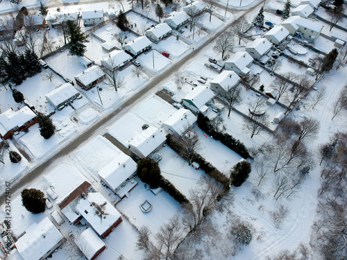 Aerial view of the city. Hundreds of houses bird eye top view suburb urban housing development. Quite neighbourhood covered in snow, Canada. Winter season. photo