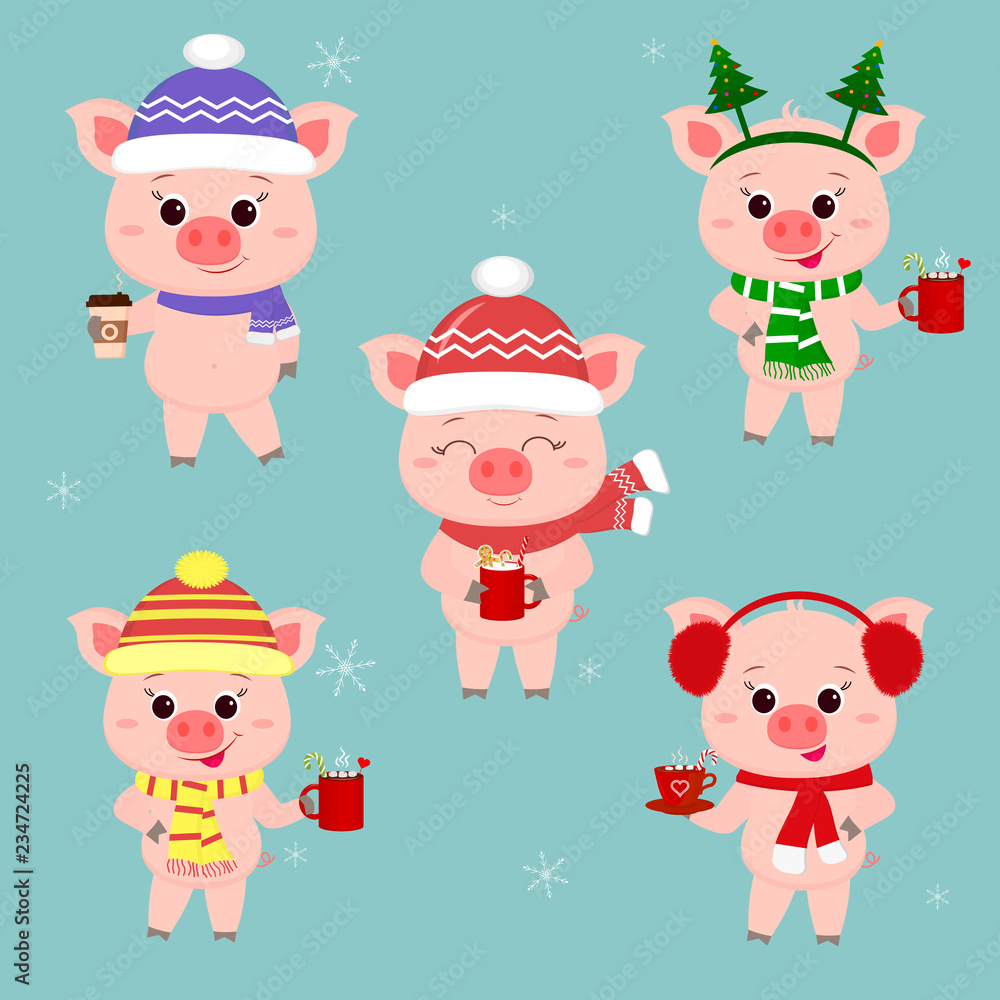 A set of five-pigs in different hats and a scarf with cups of different hot drinks. Happy New Year and Merry Christmas. The symbol of the Chinese New Year. Vector