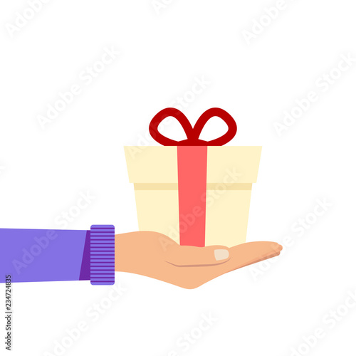 Vector congratulation flat illustration with gift box in hands