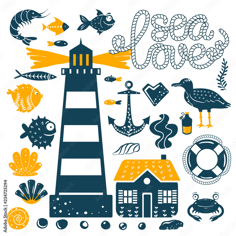 Sea ocean simple styling print set. Two color. Quote lettering with sea rope. Print for kids t-shirt and sea style souvenirs. Isolated on white background collection Sea ocean simple styling print set. Two color. Quote lettering with sea rope. Print for kids t-shirt and sea style souvenirs. Isolated on white background collection