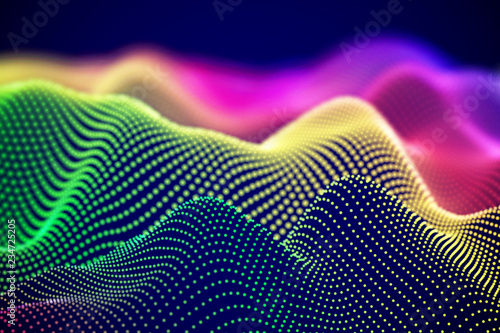 Abstract digital landscape or soundwaves with flowing particles. Big data technology background. Visualization of sound waves. Virtual reality concept: 3D digital surface. EPS 10 vector illustration.