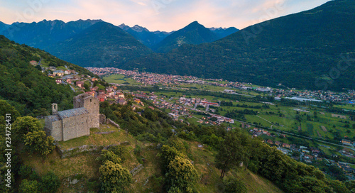 Panoramic elevated view of Castello di Domofole, Costiera dei Cech, Mello, Sondrio province, Valtellina, Lombardy