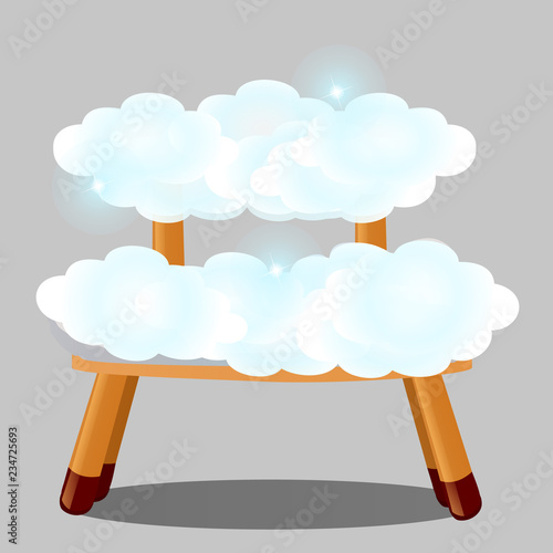 Wooden stool upholstered in clouds isolated on grey background. The highest degree of comfort. Vector cartoon close-up illustration.