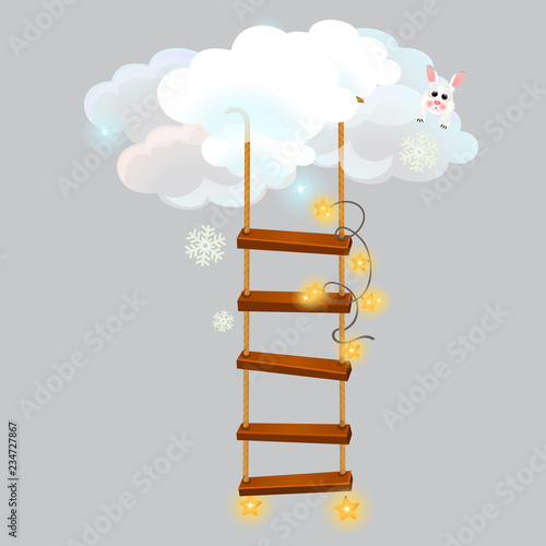 The hanging ladder leading into the snow clouds isolated on grey background. Sketch for greeting card, festive poster or party invitations. Vector cartoon close-up illustration.