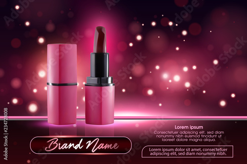 Makeup ads template Charming red lipstick mockup with sparkling background. Package Design Promotion Product. Cosmetics Advertising Banner, Flyer, Billboard, Poster or Catalog. 3D Vector Illustration.