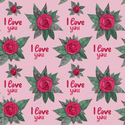Wallpaper Mural Roses seamless pattern with lettering "I love you". Watercolor hand drawn painting illustration. Background can be easily change for another color Torontodigital.ca