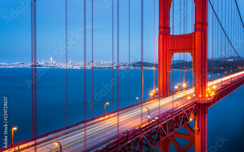View of Golden Gate Bridge from Golden Gate Bridge Vista Point at dusk, San Francisco, California