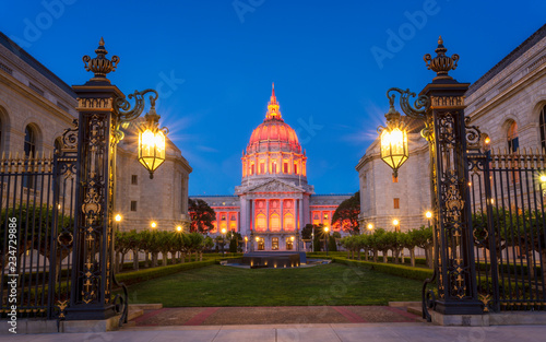 View of San Francisco City Hall illuminated at dusk, San Francisco, California photo
