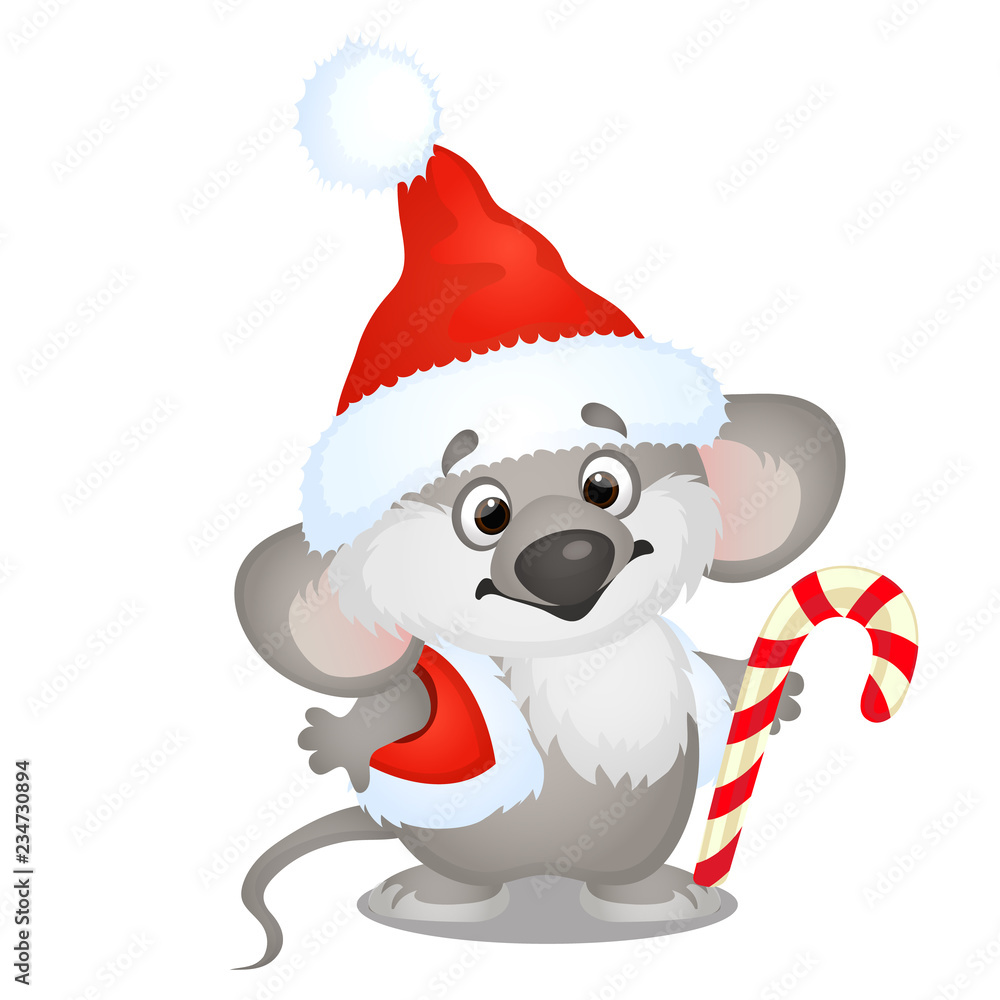 Obraz premium Słodki Miś koala w kapeluszu Świętego Mikołaja z laską słodkie cukierki na białym tle. Szkic świątecznego plakatu, zaproszenia na przyjęcie, inne kartki świąteczne. Szczegół ilustracja kreskówka wektor