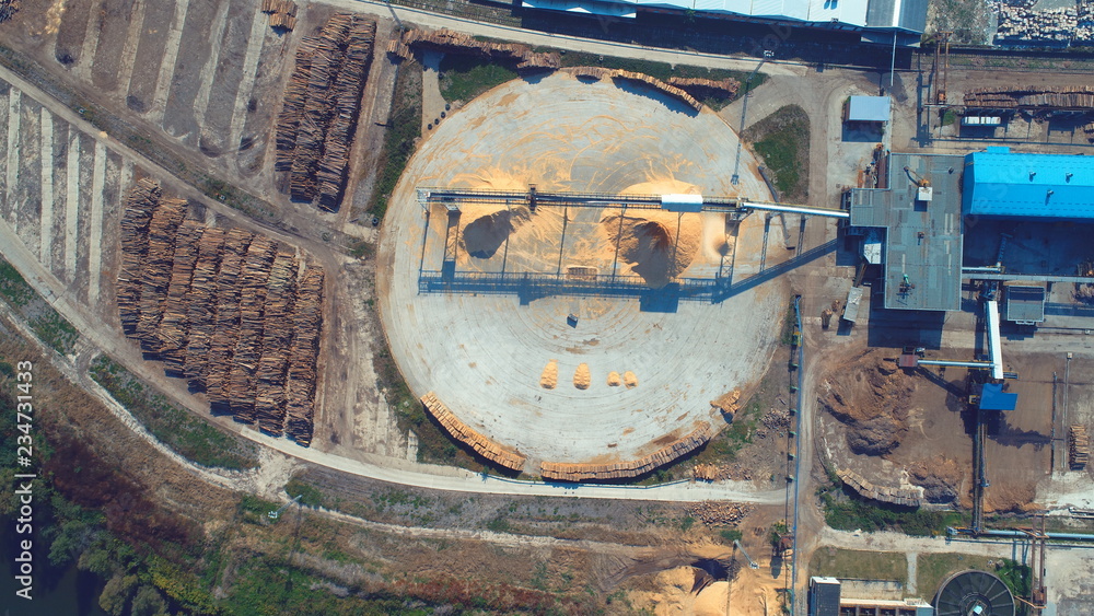 aerial top view of wood industry factory