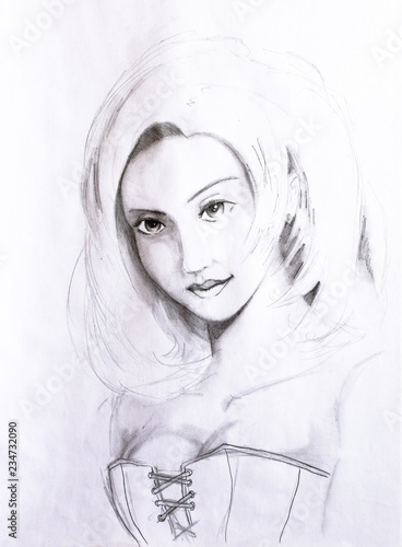 Fototapeta Naklejka Na Ścianę i Meble -  Portrait of a girl, drawn in pencil on white album paper. Portrait of a beautiful girl.