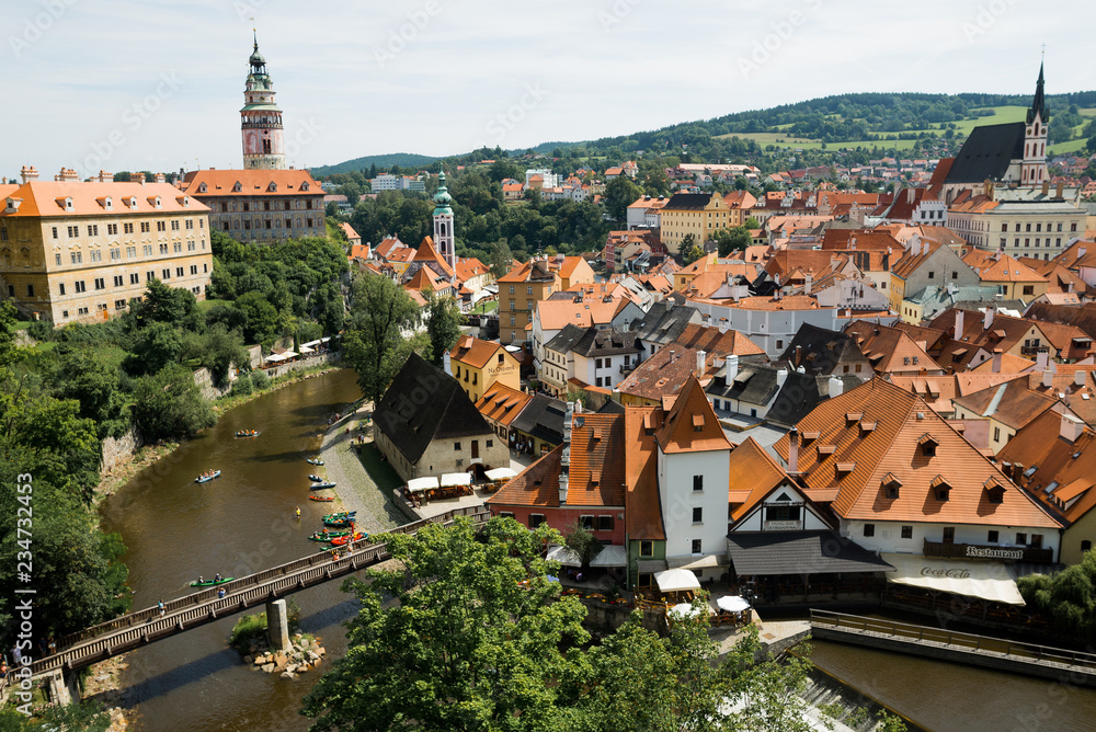 The top view of the river Ltava, as well as the beautiful red roofs of the Czech city of Cesky Krumlov