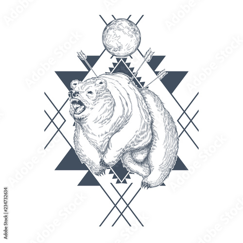 Vector hand drawn angry bear, planet in abstract geometric shapes, wounded beast by arrows. Decorative graphic emblem with big grizzly for t-shirt prints, tattoo. Hunting, wild power concept.
