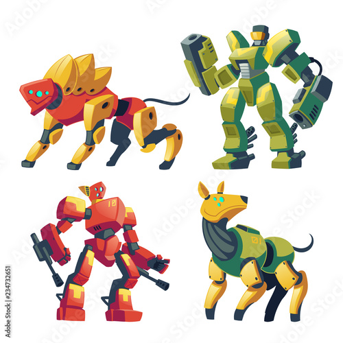 Vector cartoon combat robots and mechanical dogs. Battle androids with artificial intelligence, pet in protective armor isolated on white background for games. Futuristic soldiers, robotic toys.