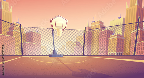Vector cartoon background of basketball court in city. Outdoor sports arena with basket for game. Street playground in town for competition, championship. Backdrop with metal lattice and skyscrapers.