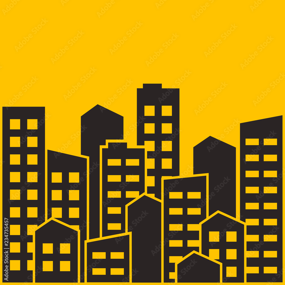 Cityscape. City modern buildings, housing district, town homes. Black silhouette on bright yellow background. Vector illustration