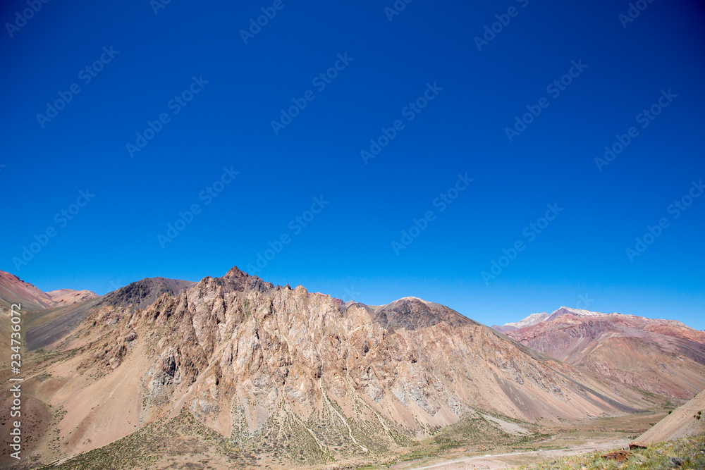 Aconcagua mountain peaks with clear blue sky. Argentina