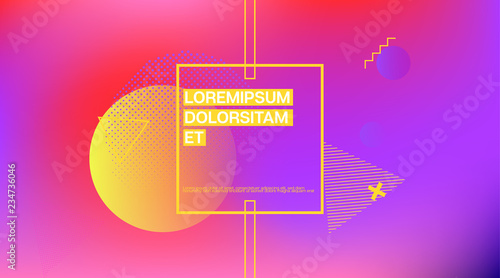 Memphis Minimal Cover Horizontal Vector Template. Neon Gradient Overlay, Small Space Particles Background. Geometric Memphis Design Elements, Horizontal Music Poster. Vintage Elemets Business Design.