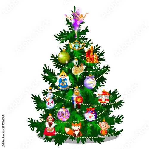 Sketch With Cute Christmas Tree. New Year Gifts, Classic Christmas Decorations And Baubles. Sample Of Poster, Invitation And Other Card. Vector cartoon close-up illustration.