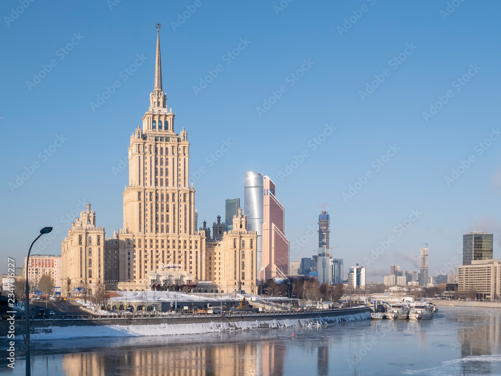Presnenskaya Embankment of Moskva River in Moscow with hotel and Moscow City Presnenskaya Embankment of Moskva River in Moscow with hotel and Moscow City