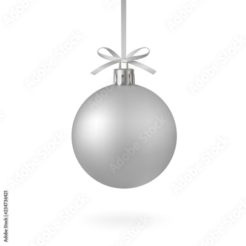 Realistic silver Christmas ball with ribbon and bow, isolated on white background - stock vector.