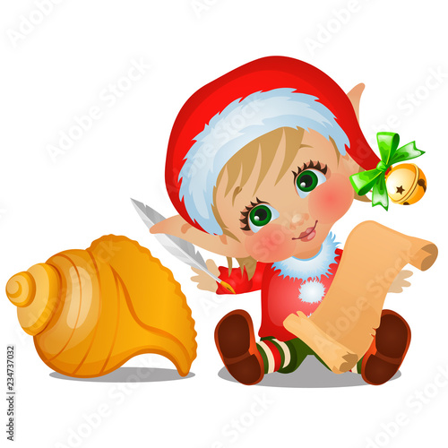 Set of Santas helper with seashell isolated on white background. Scroll of ancient parchment with space for your text. The attributes of Christmas and New year. Vector cartoon close-up illustration.