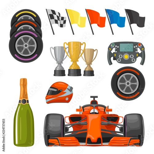 Set race flat icons. Helmet, champagne, cup, flag