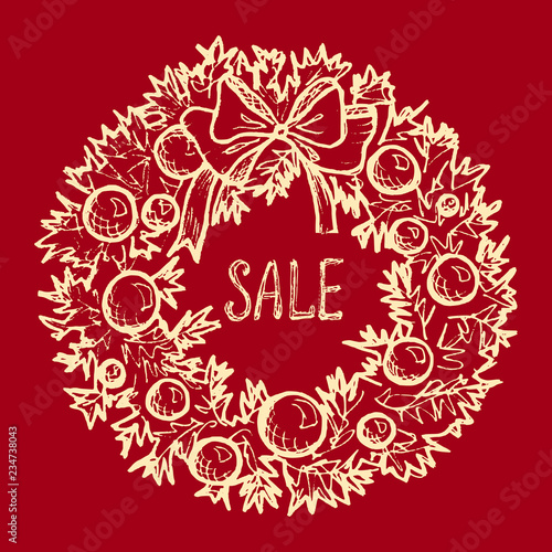 Sale - red card with hand-drawn Christmas wreath