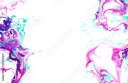 Very beautiful textural background. Turquoise paint flows in blue and purple on a white background. The style includes curls of marble or pulsations of agate with bubbles and cells.