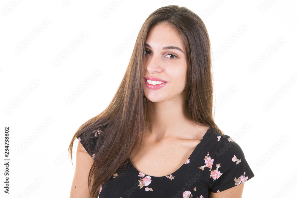 Closeup of beautiful girl posing portrait of young woman indoors Closeup of beautiful girl posing portrait of young woman indoors