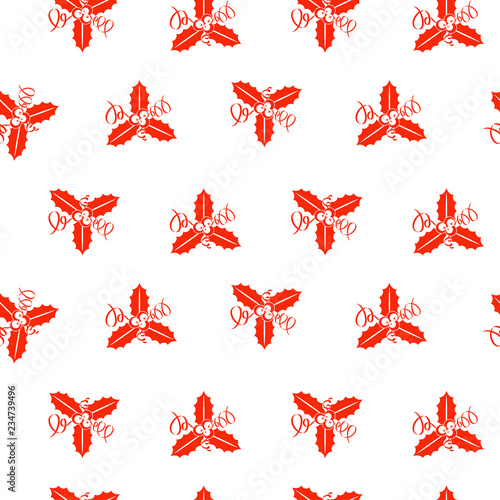 Holly berry seamless pattern. Leaves of traditional ornamental plants for greeting cards for for Merry Christmas and Happy New Year.