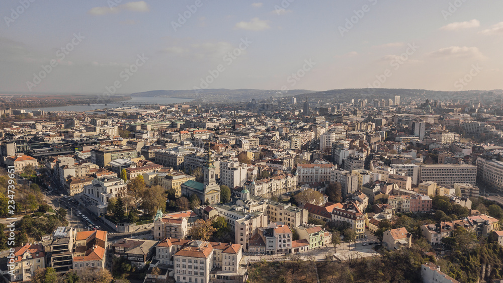Cityscape of Belgrade at sunny day. Aerial view