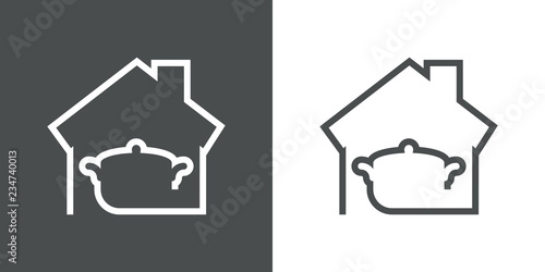 Icono plano con casa y olla lineal en gris y blanco